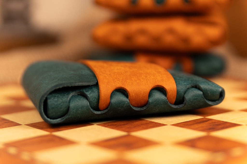blue and orange pueblo leather wallet stitchless