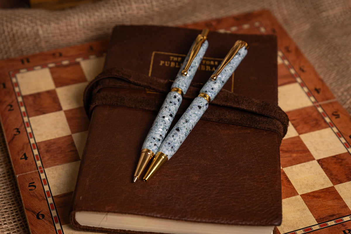 Handmade Blue Corian Pen and Pencil Set